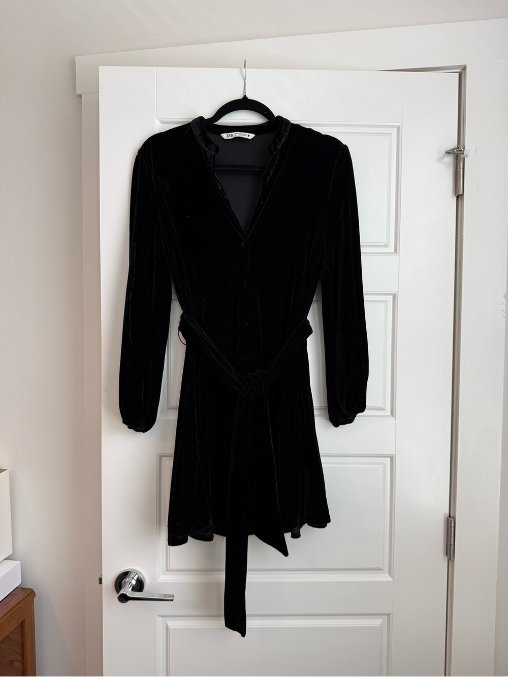 Zara Black Velvet Long-Sleeve Tie-Waist Dress